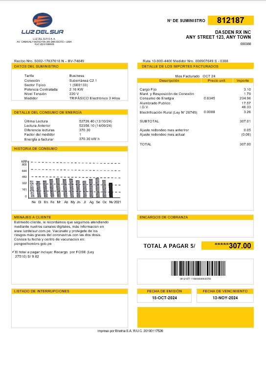 Peru Luz de Sur business utility bill template in Word and PDF formats, fully editable